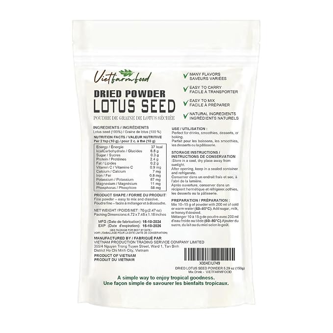 LOTUS SEED POWDER 2.47 oz (70g) VIETFARMFOOD: Pure freeze-dried vegetable powder, made from real vegetables with no added sugar - Perfect for daily nutrition to keep your body full of vitality