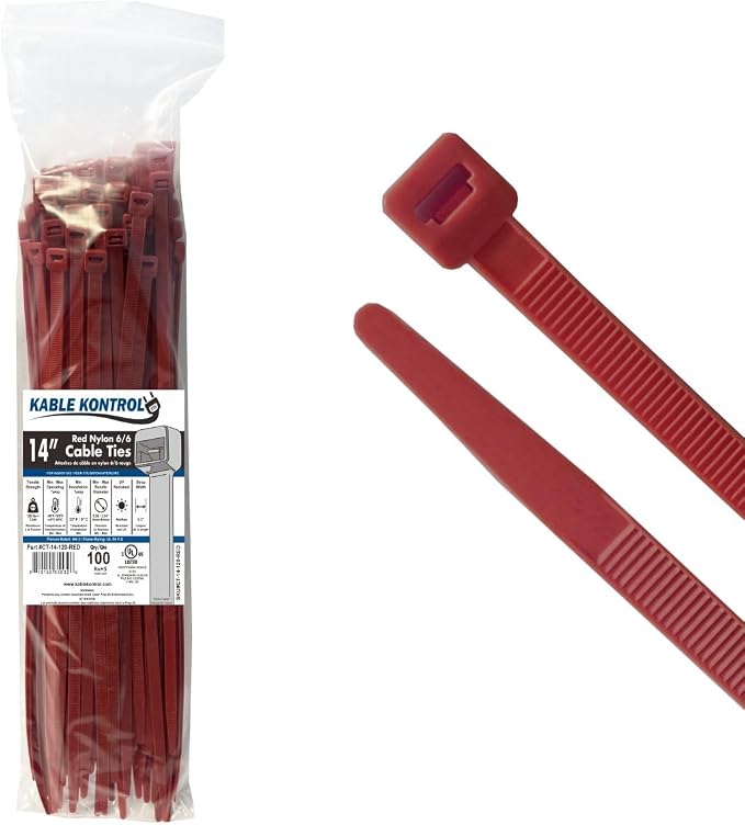 Kable Kontrol Red Zip Ties 14 Inch 100 Pcs, 120 Lbs Tensile Strength, Self-locking Nylon Colored Cable Ties Wire Wraps for Indoor or Outdoor Use