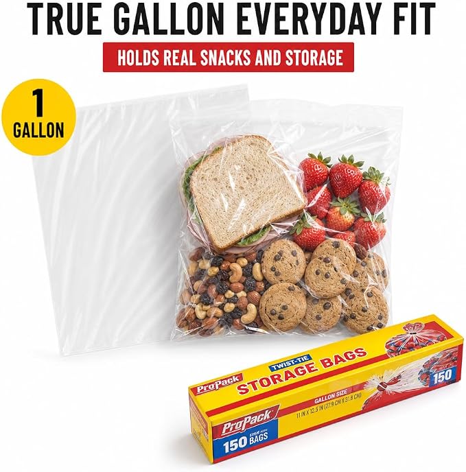 1 Gallon Storage Bags with Twist Ties, 600 Count - Clear Plastic Food Storage Bags for Sandwiches, Snacks, Fruit, Produce & Freezer