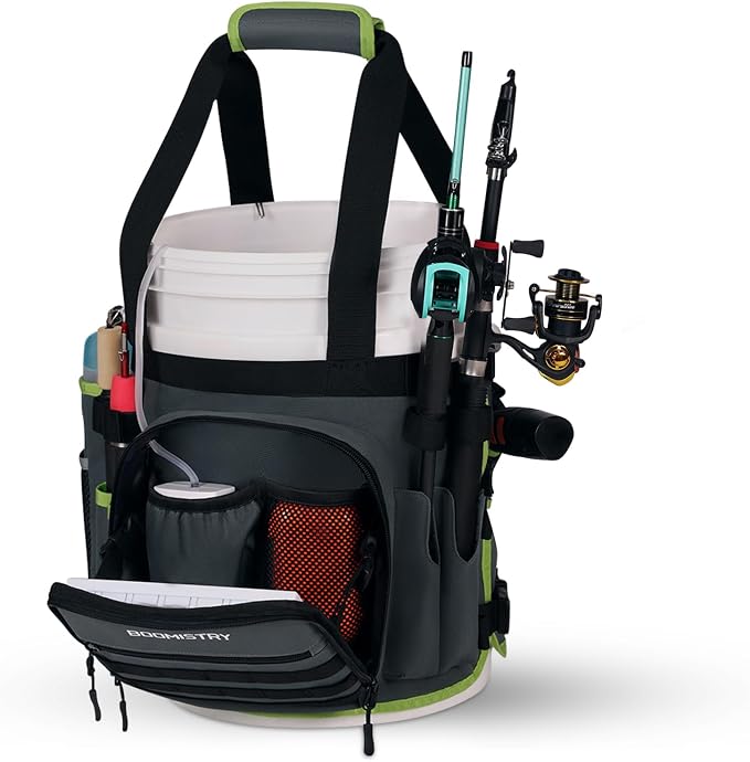 Boomistry Fishing Bucket Organizer for 5 Gallon Bucket, Dark Gray | 15 Multi-Pockets, 4 Built-in Rod Holder Storage, 3 Adjustable Buckles, for All Fishing Gear & Tackle Accessories