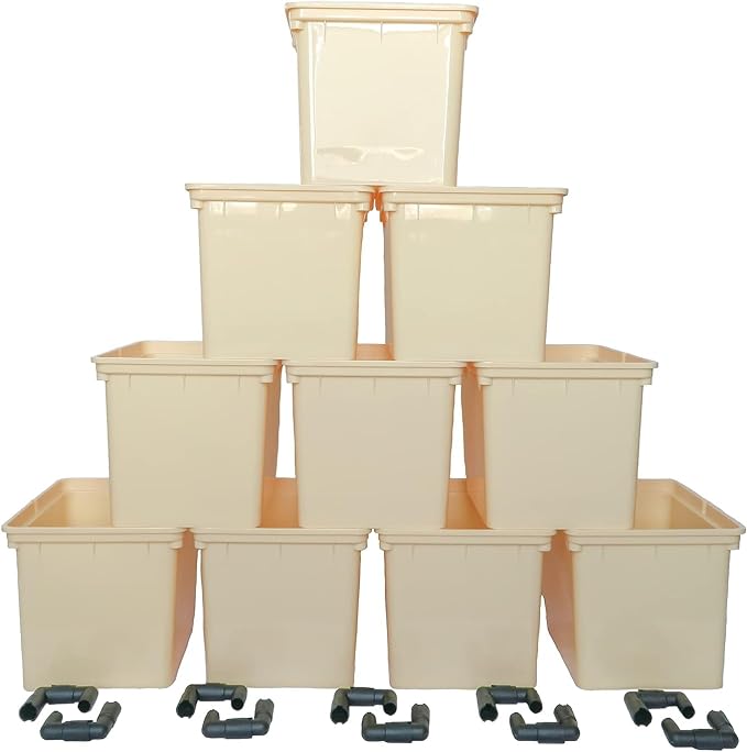 10-Pack Dutch Bucket Hydroponic System – Bato Buckets with Siphon Elbows – 11L (12" x 10" x 9") – Tan