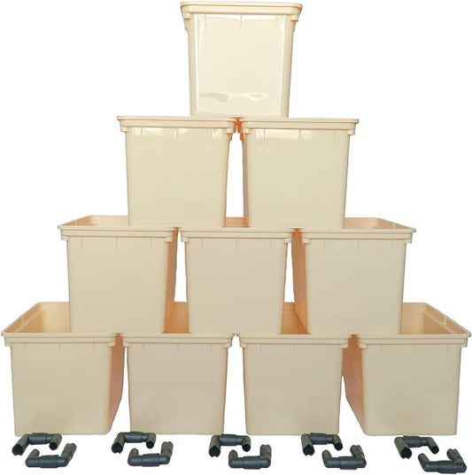 10-Pack Dutch Bucket Hydroponic System – Bato Buckets with Siphon Elbows – 11L (12" x 10" x 9") – Tan