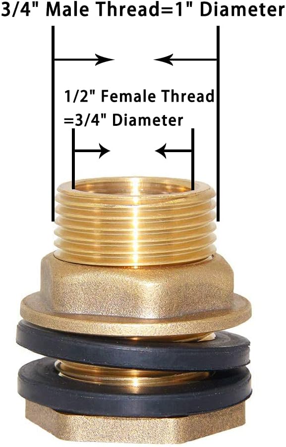 Joywayus 1/2" Female 3/4" Male Soild Brass Water Tank Connector Theaded Bulkhead Fitting With 2 Rubber Rings Stablizing