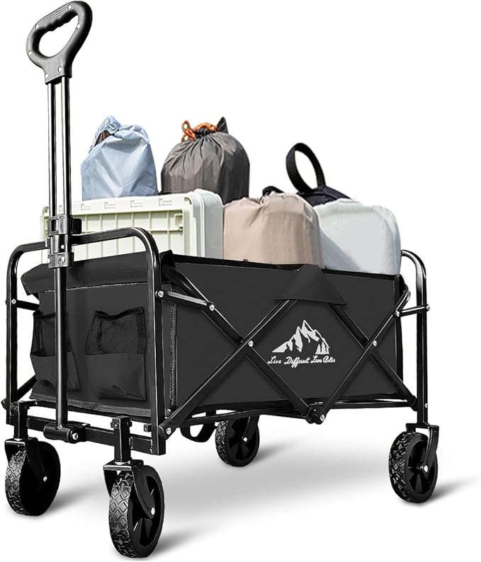 Collapsible Wagon with Quiet Wheels - Silent Grocery Shopping Cart for Seniors, Foldable Utility Cart for Laundry & Apartment, Washable Heavy Duty Rolling Wagon with Two Mesh Pockets, Black