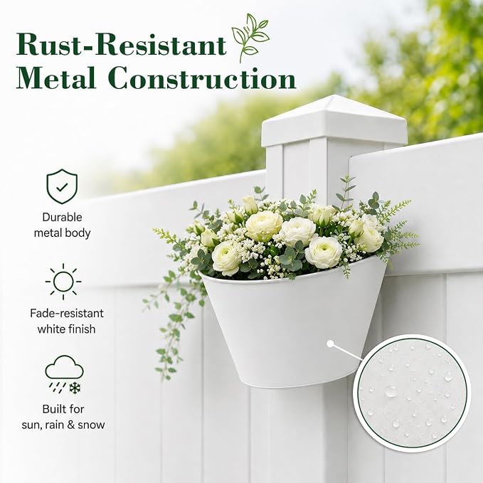 1 Pack White Metal Fence Post Planter for 4x4 & 5x5 PVC Vinyl Fence, No-Drill Hanging Flower Pots for Outdoor Plants, Flush Fit Planters with Drainage for Garden Yard Outdoor Decor