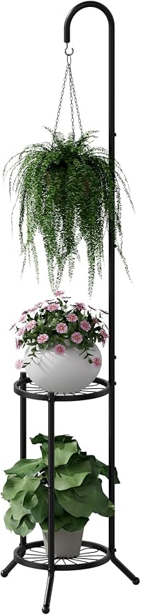 2-Tier Hanging Plant Stand, Heavy Duty Metal Planter Rack - Space Saving Indoor/Outdoor Shelves with 41" Hanging Space - Display Multiple Flower Pots, Tall Iron Plant Organizer for Living Room, Patio & Garden