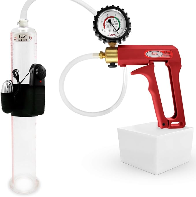 LeLuv Vibrating Penis Pump Maxi Red Handle + Protected Gauge - Bundle with Clear Hose - 12 inch Length x 1.50 inch Diameter Cylinder