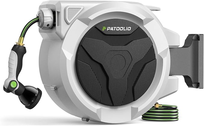 100 FT Retractable Garden Hose Reel for Large Yards, Heavy Duty Wall Mounted Water Hose Reel with Auto Slow Rewind, Any Length Lock & 10-Pattern Nozzle for Watering, Car Washing and Outdoor Cleaning