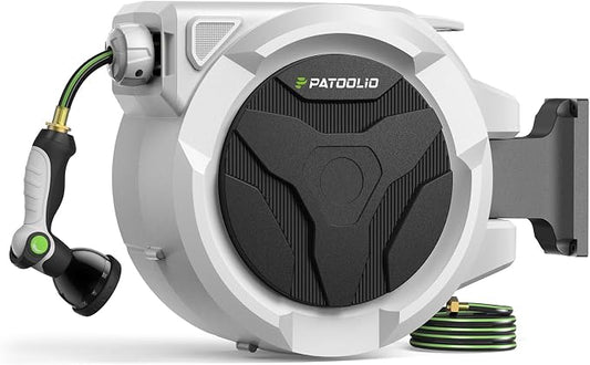 100 FT Retractable Garden Hose Reel for Large Yards, Heavy Duty Wall Mounted Water Hose Reel with Auto Slow Rewind, Any Length Lock & 10-Pattern Nozzle for Watering, Car Washing and Outdoor Cleaning