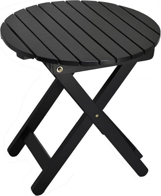 Outdoor Small Table, Round Folding Wooden Patio Side Table Furniture End Table for Adirondack Chair, Balcony, Porch, No Assembly Required, Black