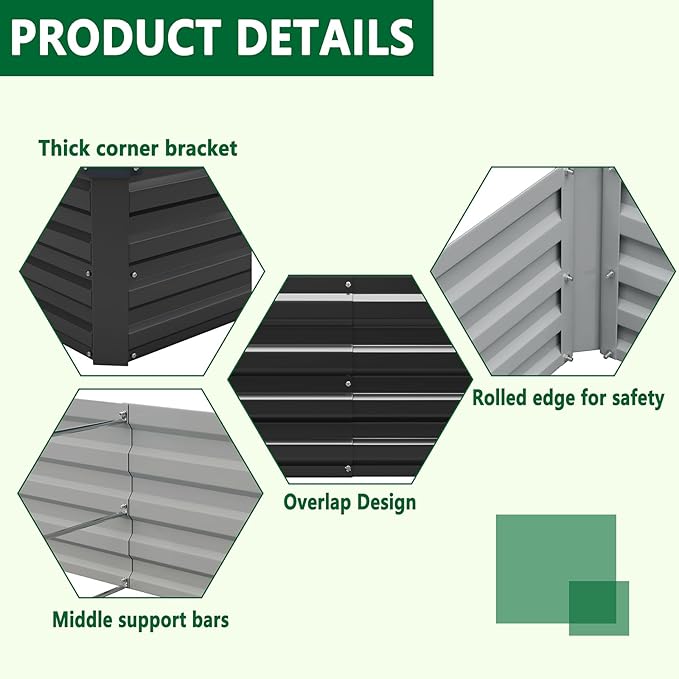 Meberam 2 Pack 6x3x1FT Galvanized Raised Garden Bed Kit, Outdoor Metal Planter Box for Vegetables, Bottomless Rectangular Gardening Bed with Support Rods, Tool-Free Assembly, Black