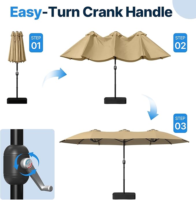 Suteck 15FT Patio Umbrella with Base Included - Double-Sided Outdoor Large Umbrella with & Crank Handle, UV & Fade Resistant Canopy for Poolside, Backyard, Deck and Market (Beige - with Base)