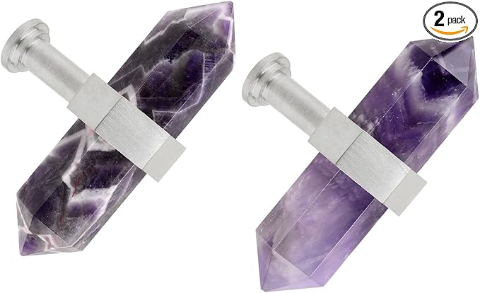 mookaitedecor Set of 2 Amethyst Double Crystal Points Drawer Knobs with Screws, Decorative Stone Cabinet Handle Pulls for Dresser Cupboard Kitchen Decor, Brushed Stainless Steel