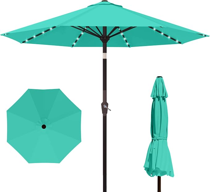 Kingdura 10FT Outdoor Patio Umbrella with Solar Lights, Market Table Umbrella with Push Button Tilt & Crank, 8 Sturdy Ribs, 32 LED Lights, UV Protection for Garden Lawn Deck Backyard Pool (Tiffany blue)