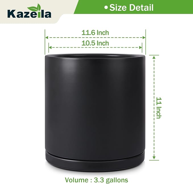 Kazeila 12 Inch Ceramic Planter Pot with Drainage Hole & Tray, Large Indoor Plant Pots, Modern Cylinder Flower Pot, Includes Mesh Net, Plug, Pads & 500g Clay Pebbles (Black, 12 Inch)