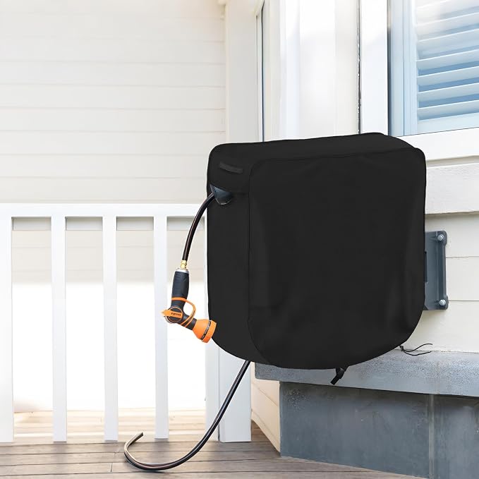 Garden Wall-mounted Hose Reel Cover Protection for Your Retractable Garden Hose Reel Heavy Duty Waterproof and UV Resistant Oxford Fabrics 24"L x 18"W x 24"H Black
