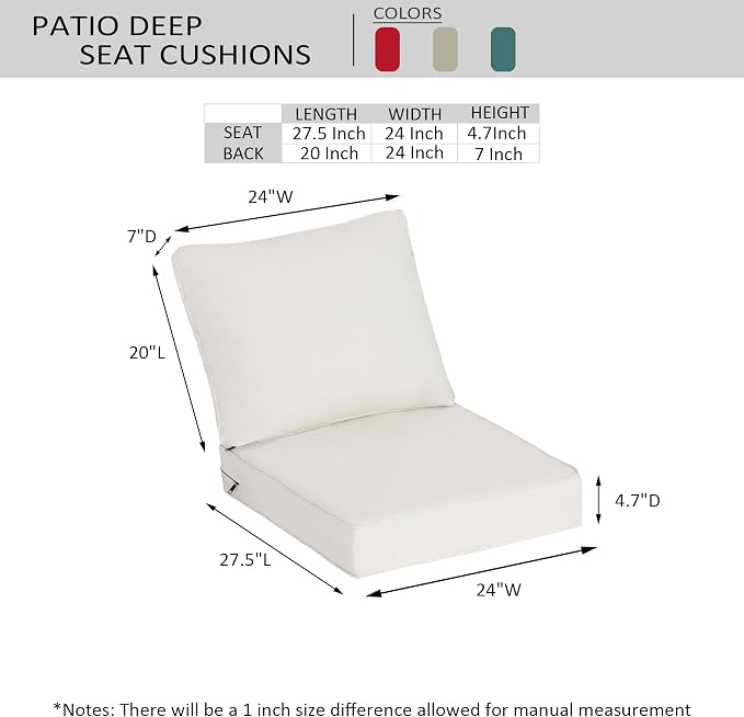 24"x27.5" Outdoor Deep Seat Patio Cushions Set of 2, Deep Seat Bottom Resilient Foam Filling Water-Resistant Stain-Resistant UV Resistant Weather Resistant with YKK Zippers, Almond