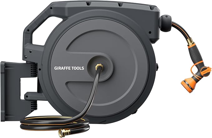 Giraffe Tools Heavy-Duty Wall-Mounted Hose Reel, 5/8" x 90 ft Retractable Hose with Automatic Rewind, 180° Swivel, Any-Length Lock & 9-Pattern Nozzle (Dark Grey)