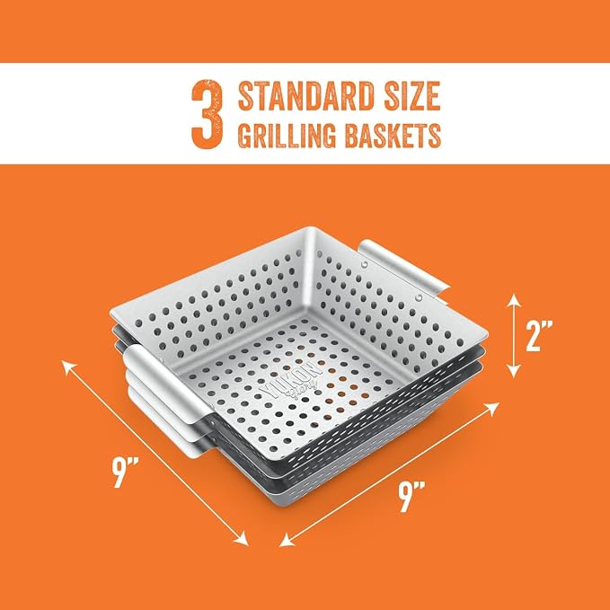 Yukon Glory 3-Piece Square Grill Basket Set | Stainless Steel BBQ Baskets with Protective Pads | Vegetables, Fish & Shrimp | RUST-PROOF | Dishwasher Safe | Gas, Charcoal & Campfire