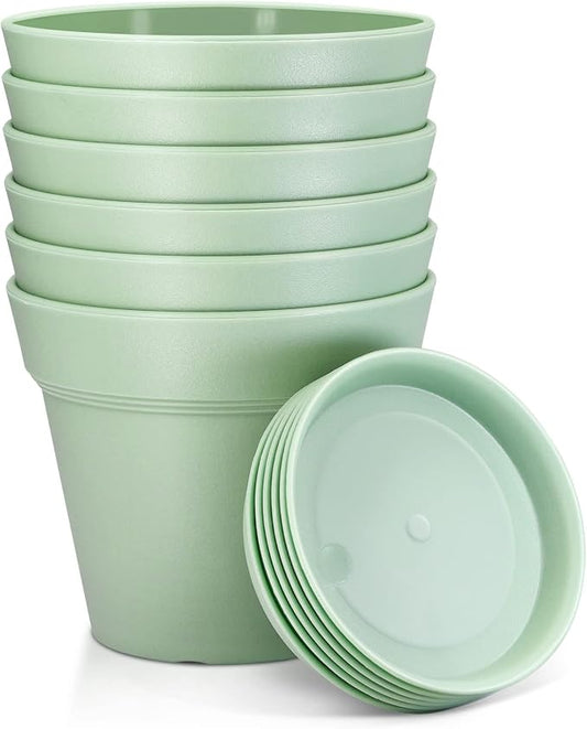 4 Inch Plastic Plant Pots 6 Pack, Small Flower Pots with Drainage Holes and Tray, Thickened Indoor Planters Seedlings Nursery Pots, African Violet, Succulent and All House Plants, Green