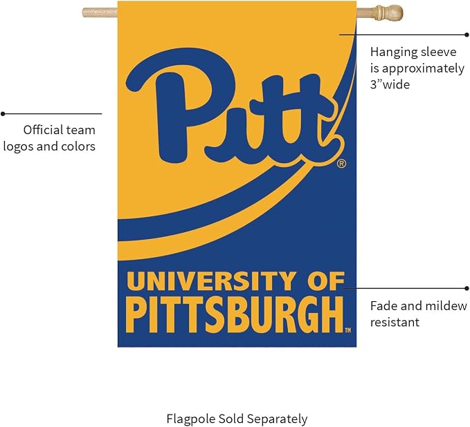 Team Sports America NCAA University of Pittsburgh House Flag, 28 x 44, Double Sided Garden Flags for Outside, Outdoor College Flags & Banners for Gardens Patio, Indoor Wall Decor Flag for Room