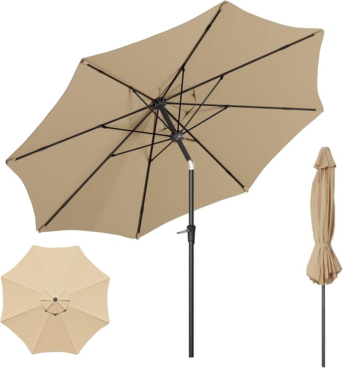 Outdoor Patio Umbrella with One Push Button Tilt and Crank, 8 Sturdy Ribs Market Table Umbrella