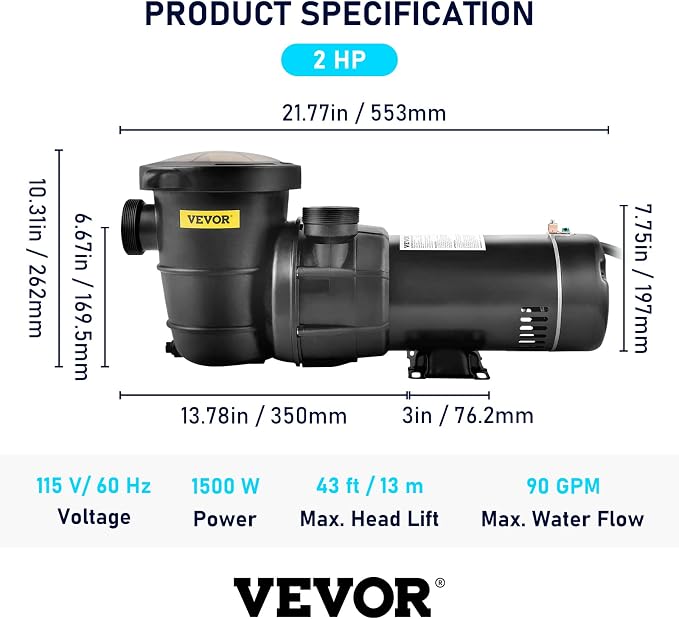 VEVOR Swimming Pool Pump 2 HP 6090 GPH Max Flow Single Speed Pump, 115 V | for Above Ground Pool, 53 ft Max Head Lift, Pure Copper Motor, with Strainer Basket & Lid, Certification of ETL for Security