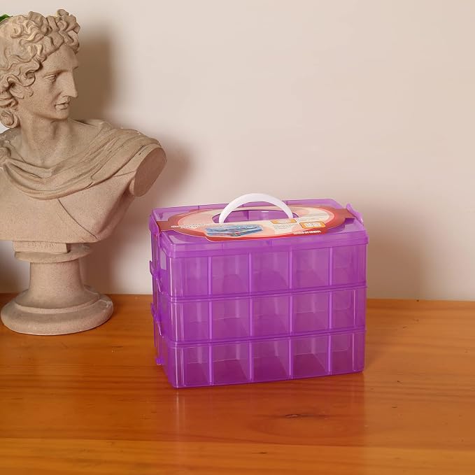 Sooyee 3-Tier Bead Organizer, Stackable Craft Storage Containers with 30 Adjustable Compartments for Washi Tape, Toy, Hair Accessories, Art Supplies, Fishing Tackle, Purple, 10"L x 6.7"W x 7"H