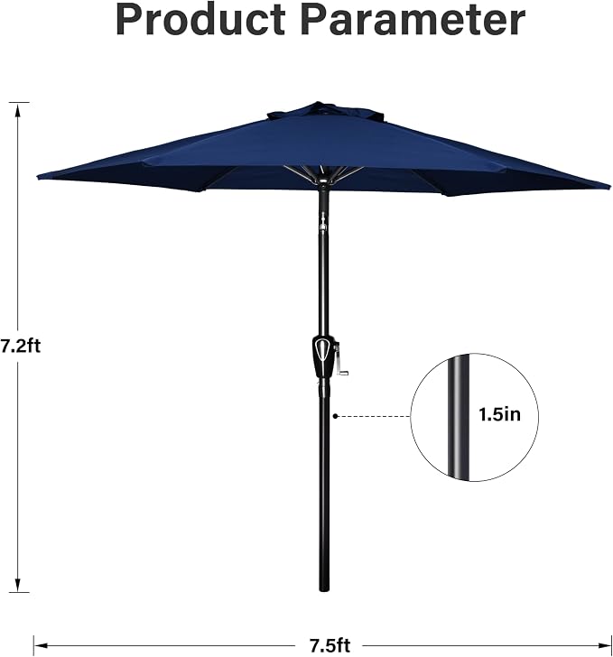 Simple Deluxe 7.5' Patio Umbrella Outdoor Table Market Yard Umbrella with 6 Sturdy Ribs for Backyard, Pool, Garden, Deck, Dark Blue
