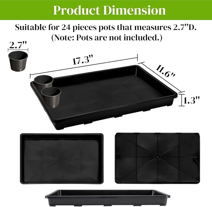 ZAVOOS 6 Pack Nursery Potting Trays, Plastic Seedling Starter Tray with No Drain Holes, Easy Watering Flat Garden Plant Growing Tray for Indoor Greenhouse Germination, 17.3'' x 11.6'' x 1.3''