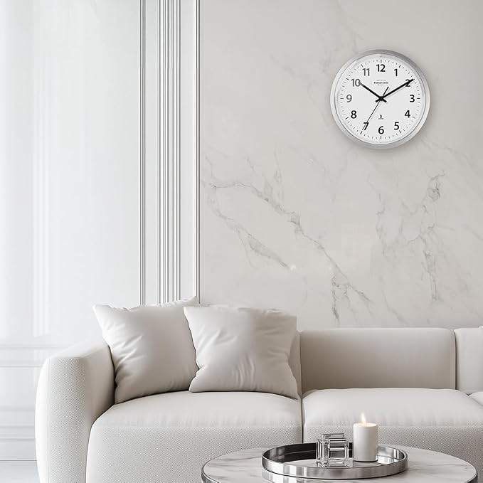 Presentime & Co 10" Atomic Wall Clock, Silent no Ticking, Automatically Sets Itself and Adjust to Daylight Saving Time by WWVB - Faux Stainless Steel Finish. (Home Office)