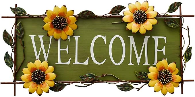 Morning View Metal Sunflower Welcome Sign Hanging Flower Wall Decor Door Sign Decorative Wall Plaque Outdoor Garden Porch Yard Home Decor 16.5X8 Inch