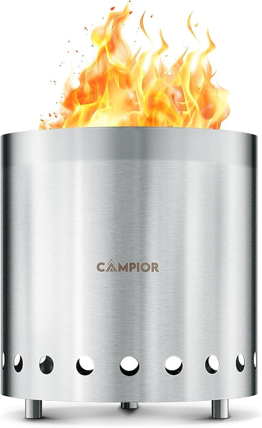 CAMPIOR Wood Burning Fire Pit Stove - Smokeless Outdoor Stove for Wood Fires, Camping, Cooking, and Garden Gatherings, Durable, Stainless Steel with Removable Ash Pan, with Stand and Black Carry Bag
