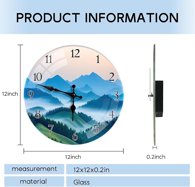 Britimes Round Wall Clock Silent Non-Ticking Battery Operated Outdoor Waterproof Glass Clock 12 Inch, Green Forest Mountain Home Decor for Living Room, Kitchen, Bathroom, Bedroom, and Office