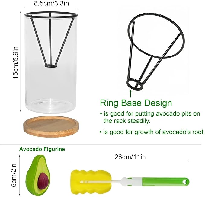 Avocado Tree Growing Kit with Bottle Brush Avocado Figurine, Bamboo Base, Avocado Seed Starter Vase Glass Plant Pot Easy Seed Sprout Starter Gift for Gardening Lovers Home Office Table Decoration