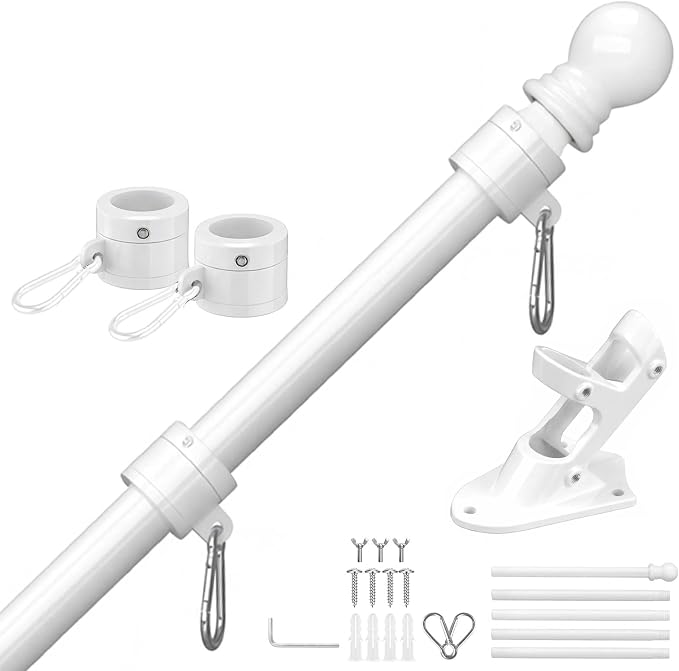 White Flag Pole for Outside House, 6 FT Stainless Steel No Tangle Spinning Residential Flagpoles & Two-Position Flag Pole Holder Brackets Mounting for USA Outdoor Flags for Porch(Without Flag)