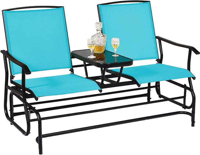 Giantex Patio Bench Glider Chair with Metal Frame, Center Tempered Glass Table, Outside Double Rocking Swing Loveseat for Porch, Garden, Poolside, Balcony, Lawn Rocker Outdoor Glider Bench(Turquoise)