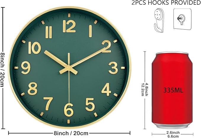 Wall Clock, 8 Inch Wall Clocks Battery Operated, Modern Non Ticking Silent Digital Analog Small Wall Clock for Bedroom Living Room Kitchen Office Gym Classroom Outdoor Clocks, Gold Green