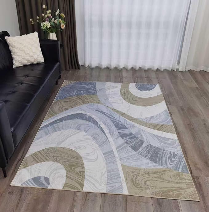 Washable Area Rug for Living Room, Indoor, Dinig Room – Soft Pile Non-Slip Rug for Kitchen – Modern Contemporary Design Machine Washable Carpet, Foldable Rug, Easy to Clean – (5X7-Cream)