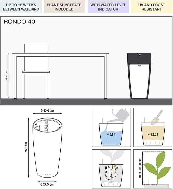Lechuza Rondo 40 White High Gloss, Self-Watering Tall Planter, D15.7 H29.5 in