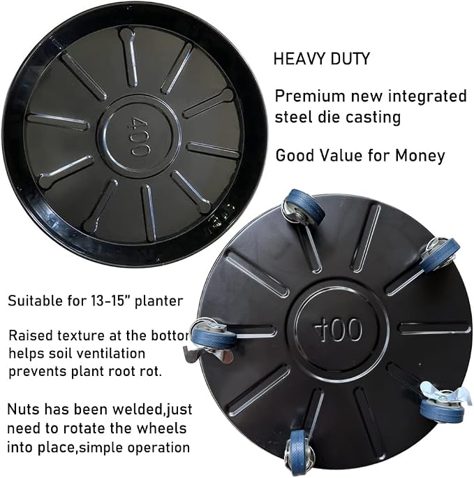 Rolling Planter Caddy(430lbs Capacity), Heavy Duty Metal Plant Stand with Brake Wheels Plant Dolly Mover Plant Pot Tray Saucer for Indoor Outdoor 16 Inches Black 2Pack