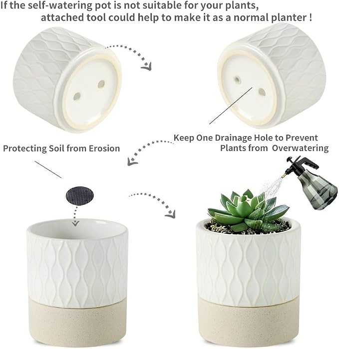 Nihow Ceramic Self Watering Plant Pot for Indoor Plants, 6 Inch,Cream White | Planter with Cotton Wick, Drainage Hole & Water Storage Plus, Cylinder Round Flower Pot, For Succulent/Herbs/Violets