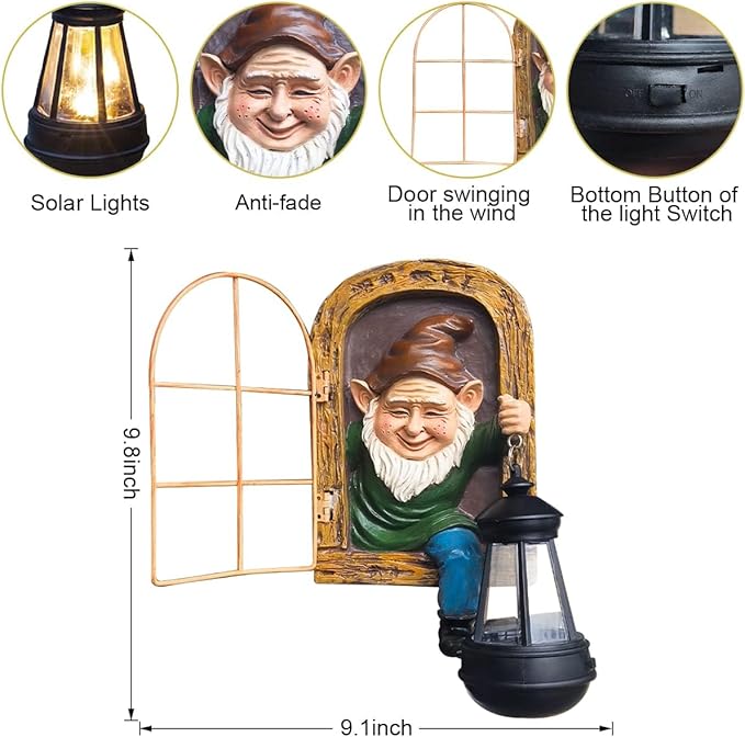 Garden Gnome Statue with Solar Lights Mom Dad Gifts Summer Decor Fairy Garden 10 in Elf Outdoor Tree Hugger Statues- Tree Face Sculpture, Yard Art for Patio,Fence,Lawn,Wall Gnomes Ornament