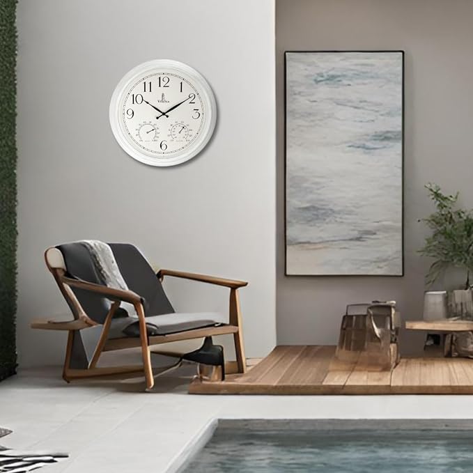 Outdoor Clocks for Patio Large Waterproof with Thermometer - White 18 inch Indoor Outdoor Wall Clock with Temperature and Humidity Combo - Weatherproof, Accurate & Easy to Read for Pool, Garden & Home