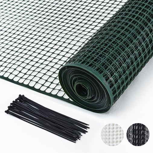 PotatoLife Plastic Hardware Mesh Netting, Garden Netting, Temporary Fence, Tree Guards, Safety Net for Balcony, Deck, Stair Railing, Animal Barrier, Poultry, Deer, with 50 Zip Ties, 4' x 50', Green