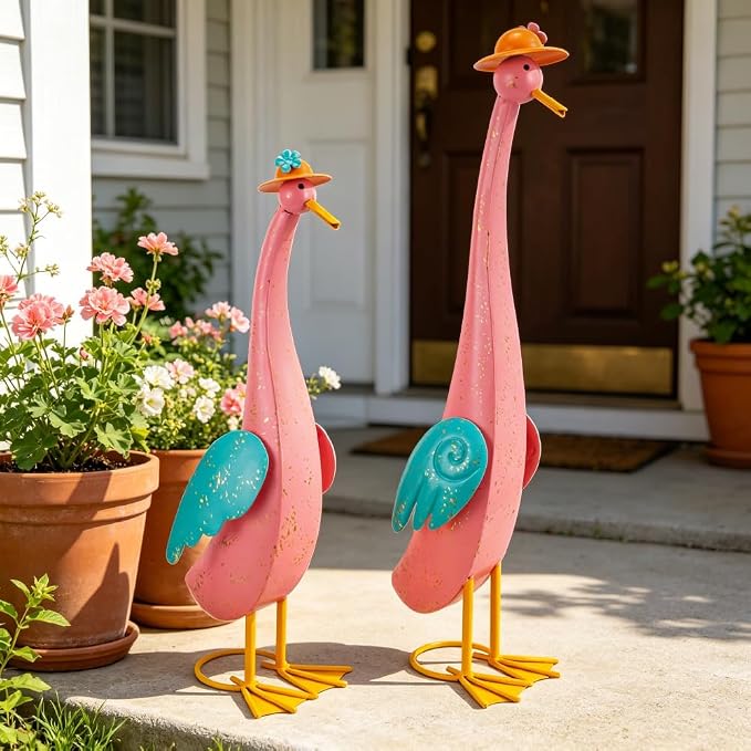 22" Duck Garden Statue Set of 2 Metal Ducks | Outdoor Yard Art Porch Animal Figurine Lawn Ornament Rustproof Yard Sculptures for Outside Patio Backyard Decorations