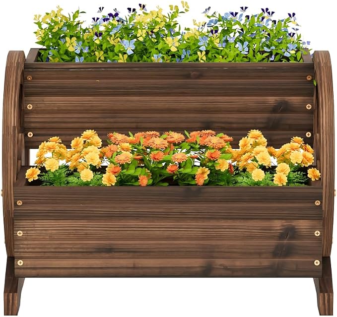 Wooden Wagon Planter with Wheels,Flower Pots, Carbonized, Large | Flower Cart Design, Outdoor Garden Use, Indoor & Backyard Compatible, Patio & Balcony Decor