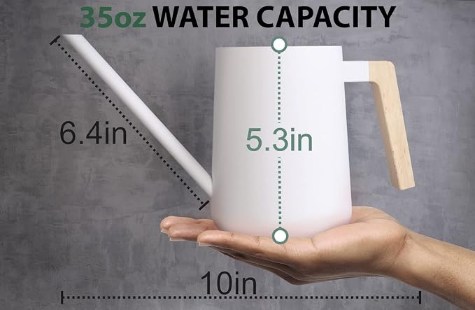 35 Ounce Metal Small Indoor Watering Can with Long Spout & Real Wood Handle for House Plants, Succulents, Cacti & Seedlings - White Long Spout Watering Can Indoor Plants - Gentle Flow & No Spills