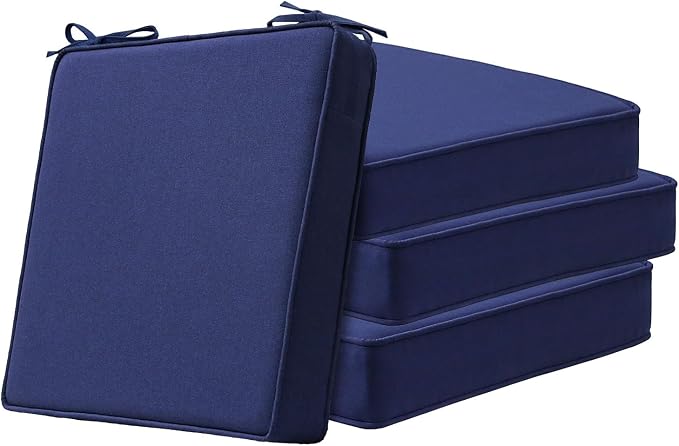 Unimatta Square Corner Seat Cushions, 18.5" x 16" x 3", Set of 4, Indoor Outdoor Water Repellent Universal Chair Pads with Ties for Patio Furniture, Garden Deck Dining Chairs, Navy