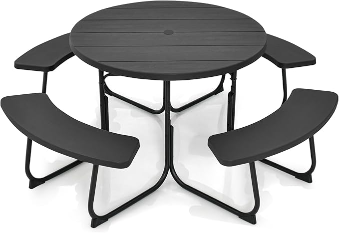 Round Picnic Table for Outdoors, 8 Person Outdoor Picnic Tables & Benches Set with Umbrella Hole, HDPE Tabletop & Metal Frame, 2000 LBS Capacity Table Bench Set for BBQ, Garden, Lawn, Patio